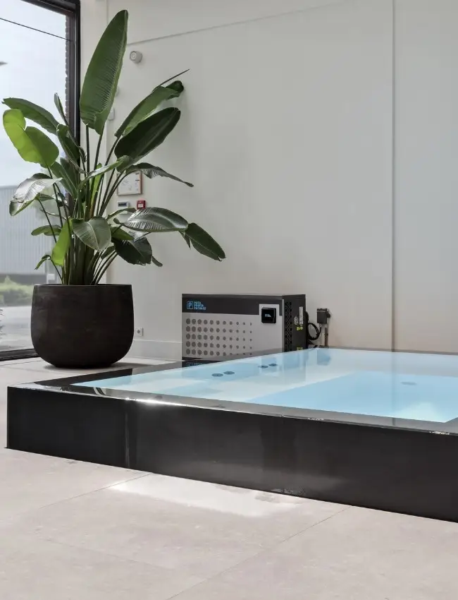 Impressie van een infinity edge pool in een showroom. De pool heeft een trap, een tegenstroom module en een rand met overloop van zwarte tegels.