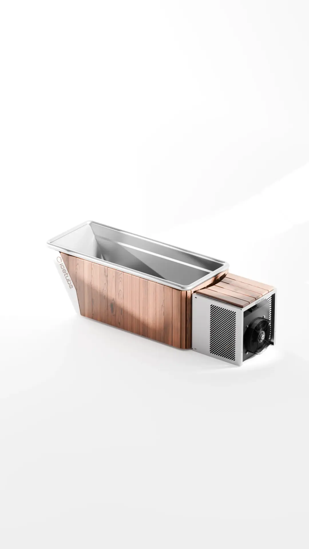 "Een Icetubs ijsbad van roestvrij staal met houten afwerking aan de buitenzijde en een aangesloten koelmotor op een witte achtergrond."