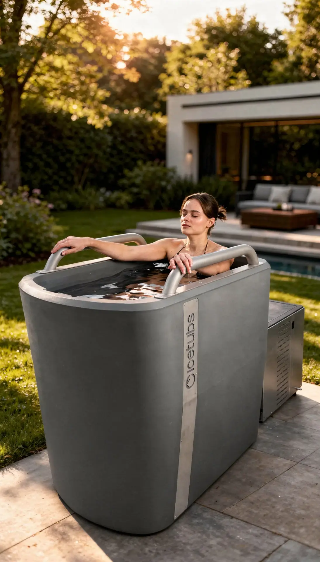 Vrouw ontspant in een Icetubs IceKube ijsbad in een tuin.